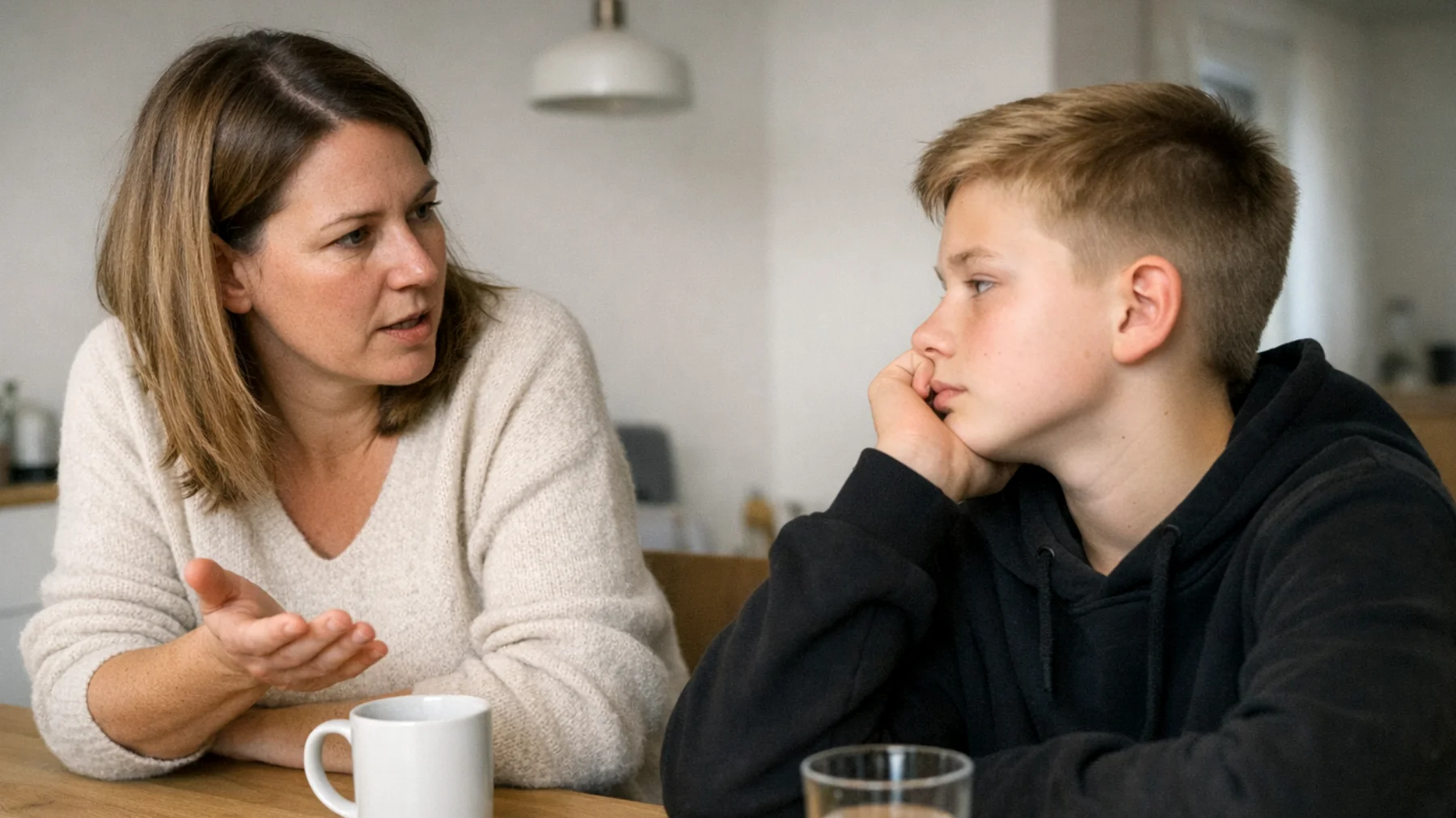 Die Eltern bemerken, dass ihre Kinder kaum über ihre Gefühle, Ängste oder Erlebnisse sprechen. Gespräche bleiben oberflächlich und beschränken sich auf alltägliche Themen wie Schule oder Essen. Wenn die Eltern versuchen, tiefere emotionale Themen anzusprechen, weichen die Kinder aus, antworten einsilbig oder ziehen sich zurück. Die Eltern fühlen sich emotional von ihren Kindern entfernt und wissen nicht, wie sie eine echte emotionale Verbindung aufbauen können."