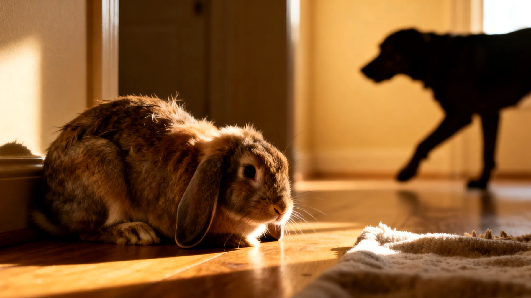 Kaninchen zeigen Stressverhalten beim Zusammenleben mit anderen Tieren im Haushalt, was zu Angst, Rückzug oder aggressivem Verhalten führen kann"