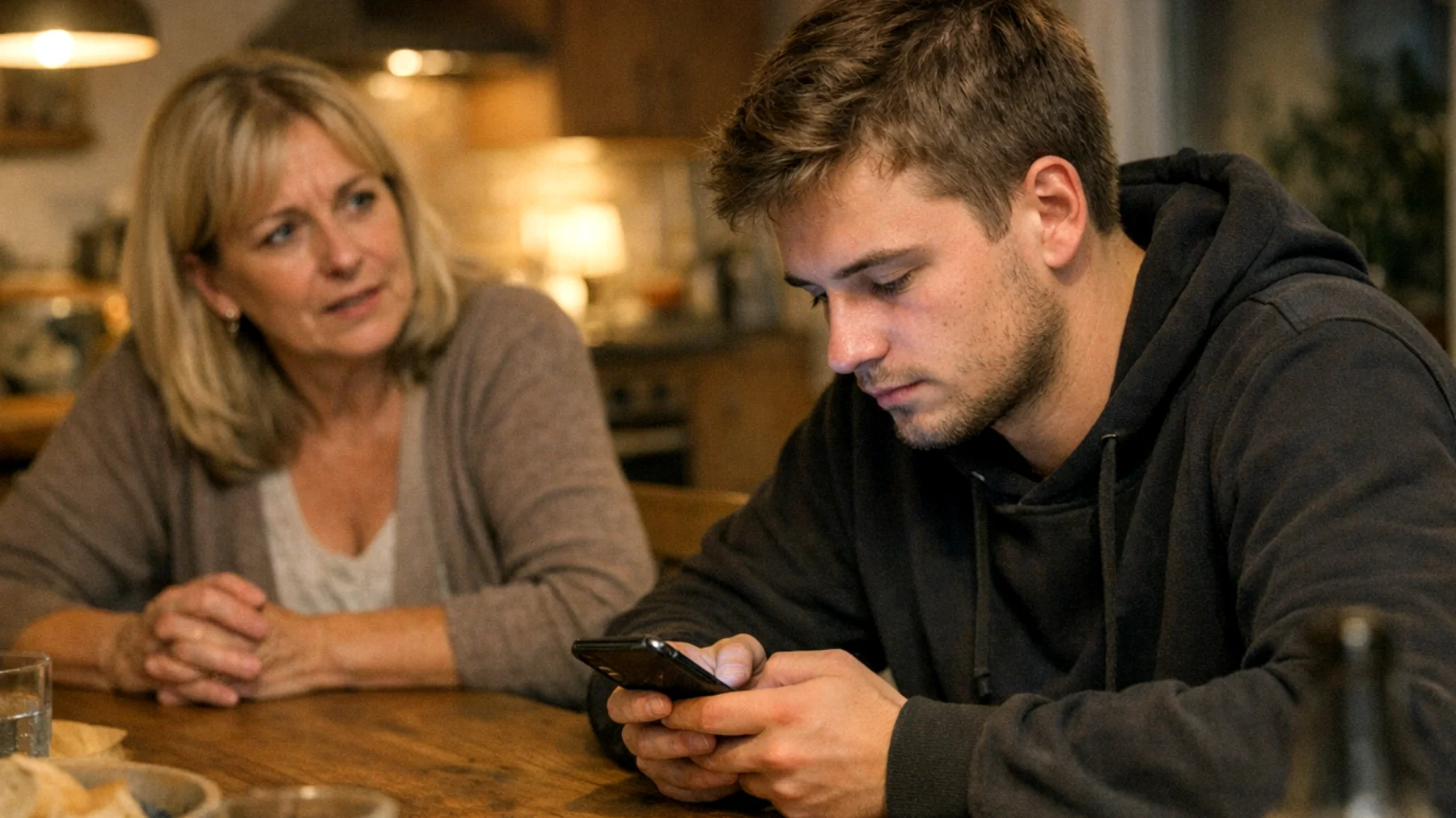 Die Mutter bemerkt, dass ihr junger Erwachsener (18-25 Jahre) täglich viele Stunden mit dem Smartphone verbringt – beim Essen, in Familiengesprächen und spät nachts – und dadurch den realen sozialen Kontakt, die persönliche Entwicklung und die familiäre Kommunikation stark vernachlässigt."