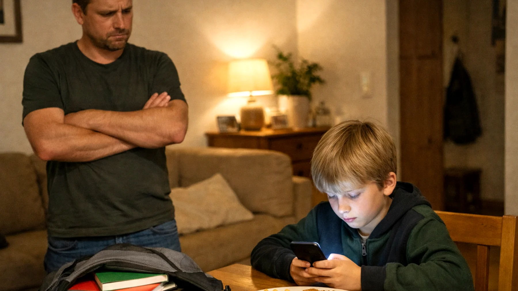 Der Vater bemerkt, dass sein Kind übermäßig viel Zeit mit Smartphone, Tablet und Videospielen verbringt – oft mehrere Stunden täglich – und dabei Hausaufgaben, Mahlzeiten und Familienmomente vernachlässigt. Jeder Versuch, die Bildschirmzeit zu begrenzen, führt zu heftigen Reaktionen und Spannungen."