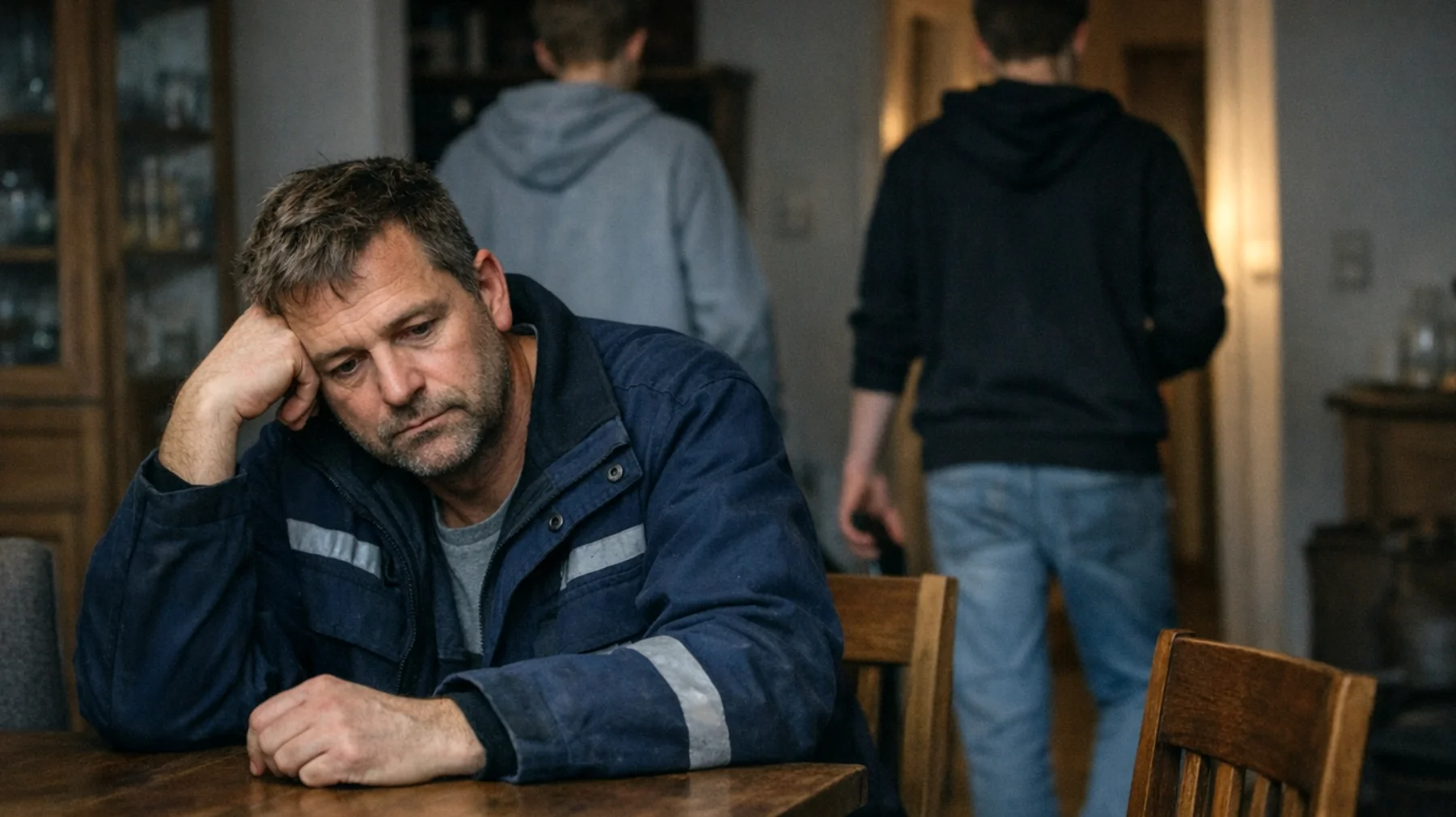 Der Vater verbringt aufgrund langer Arbeitszeiten und beruflicher Verpflichtungen kaum bedeutungsvolle Zeit mit seinen jugendlichen Kindern. Die gemeinsamen Momente beschränken sich auf oberflächliche Alltagsroutinen, ohne echten emotionalen Austausch oder gemeinsame Erlebnisse. Die Jugendlichen beginnen, sich vom Vater zu distanzieren und suchen Verbindung außerhalb der Familie."