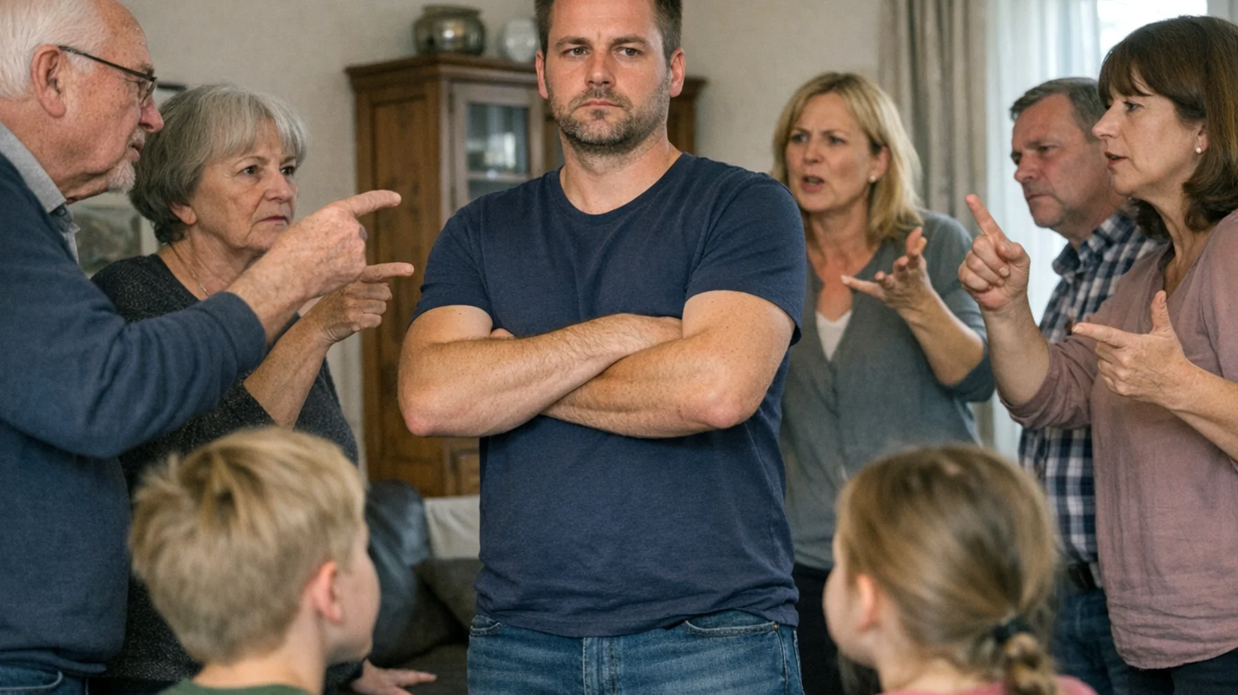 Der Vater gerät zunehmend in Konflikte mit den Großeltern und anderen Familienmitgliedern über Erziehungsstile und -entscheidungen bezüglich der Kinder. Die erweiterte Familie mischt sich regelmäßig in Erziehungsfragen ein, widerspricht seinen Regeln vor den Kindern und untergräbt damit seine elterliche Autorität."